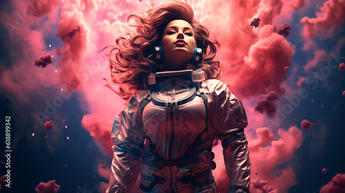 Illustration of woman in space suit inside softly glowing pink and blue galactic cloud. Peaceful galaxy astronaut. Retrowave.
