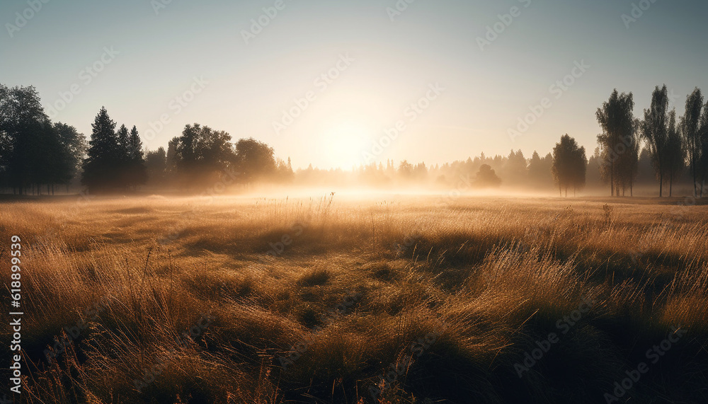 Sunset silhouette of tree in tranquil meadow generated by AI