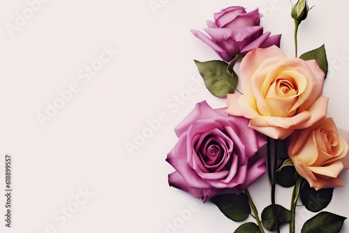 A bunch of pink and yellow roses on a white surface. Generative AI. © tilialucida