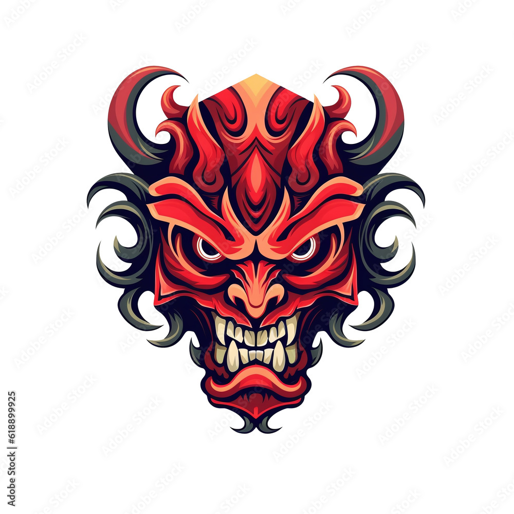 Fusion of Eastern and Western Aesthetics in Angry Demon Mask Logo Design: Strong Facial Expression, Tattoo-Inspired, Set on Transparent Background