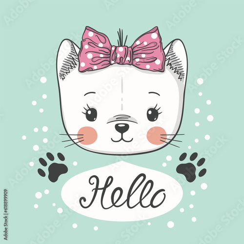 Cute little cat girl. Hello slogan text. For t-shirt, mug, bag and other uses