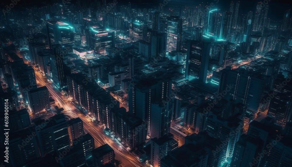 Glowing skyscrapers illuminate the modern city skyline generated by AI