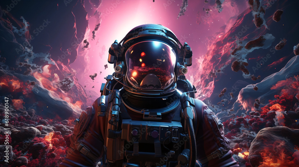 Psychedelic Retro Wave Astronaut in Neon Light. Pink Blue Violet Trendy Colors. Front View of a Space Suit. Psychedelic Retro Wave Astronaut in Neon Light. Pink Blue Violet Trendy Colors. Front View of a Space Suit.