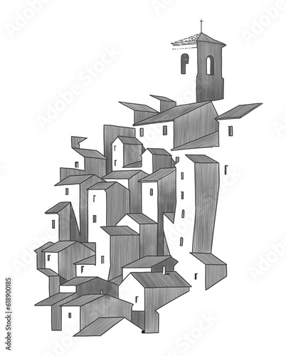 Stacked houses in a city on uneven ground. Vector line art illustration