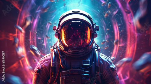 Psychedelic Retro Wave Astronaut in Neon Light. Pink Blue Violet Trendy Colors. Front View of a Space Suit.