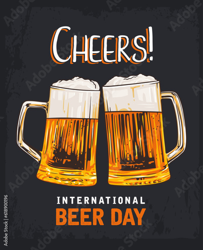 International Beer Day vector clip art, banner, poster with lettering cheers. Beer mugs vector art illustration
