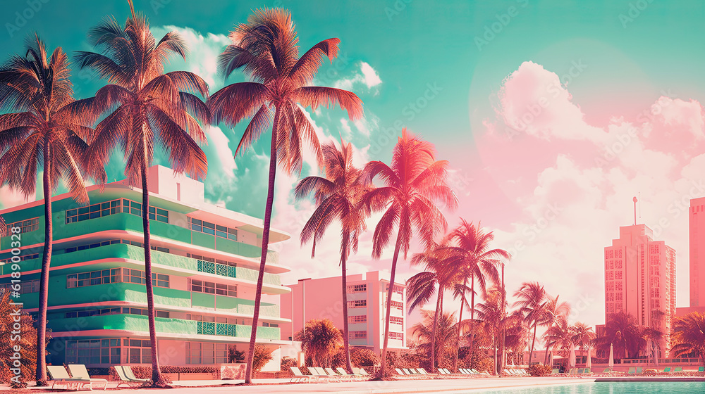 Fototapeta premium generative ai illustration of a miami scenery in pastel colors