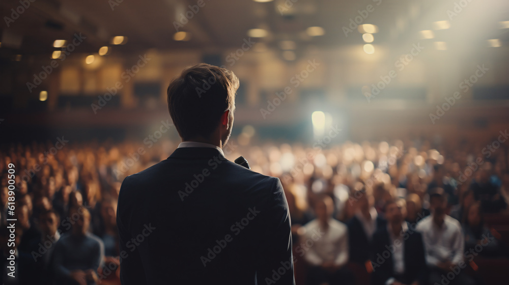 Fototapeta premium Engaged Audience in a Conference Hall: Captivating Lecture by Male Speaker on Business and Entrepreneurship. Generative AI
