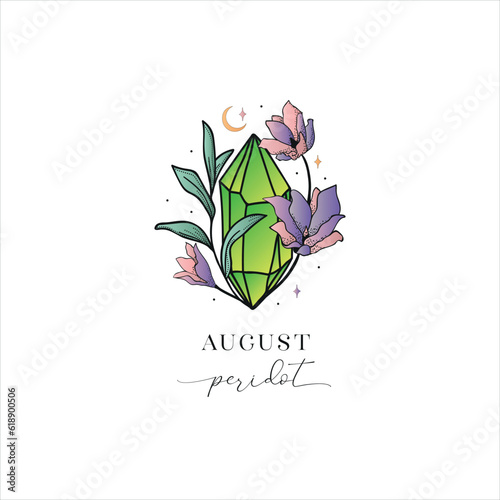 Colored Flowered Hand Painted Birthstones Gem Illustration. Healing Crystal. August Peridot, Spinel.