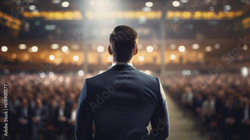 Engaged Audience in a Conference Hall: Captivating Lecture by Male Speaker on Business and Entrepreneurship. Generative AI