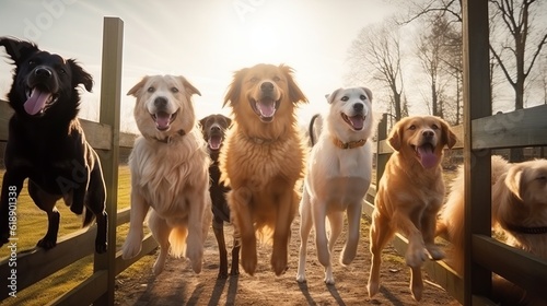 Dogs jumping over obstacles on their way. Sunshine, warm atmosphere. Animal competition and running banner generative AI