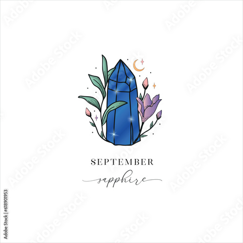 Colored Flowered Hand Painted Birthstones Gem Illustration. Healing Crystal. September Sapphire.