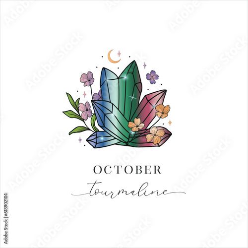 Colored Flowered Hand Painted Birthstones Gem Illustration. Healing Crystal. October Tourmaline.