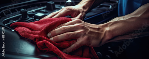 Cleaning the car engine with a microfiber cloth. generative ai © Michal