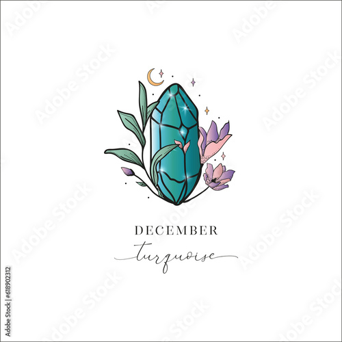 Colored Flowered Hand Painted Birthstones Gem Illustration. Healing Crystal. December Turquoise.