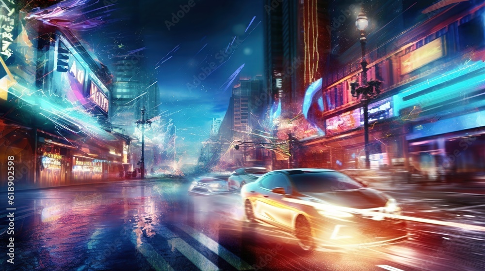 Сar riding on a city road at night. Generative AI. Illustration for banner, poster, cover or presentation.
