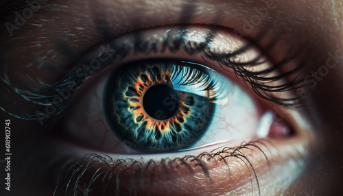Blue iris staring, close up of human eye generated by AI