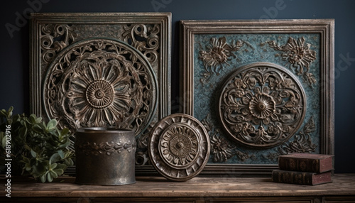 Antique vase on rustic dresser, elegant home decor generated by AI