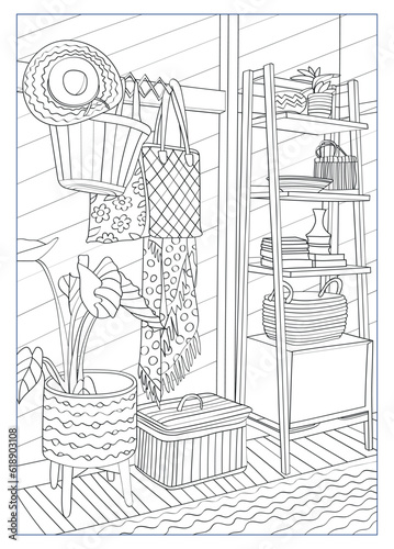 Room interior. Vector antistress coloring book in sketch style.