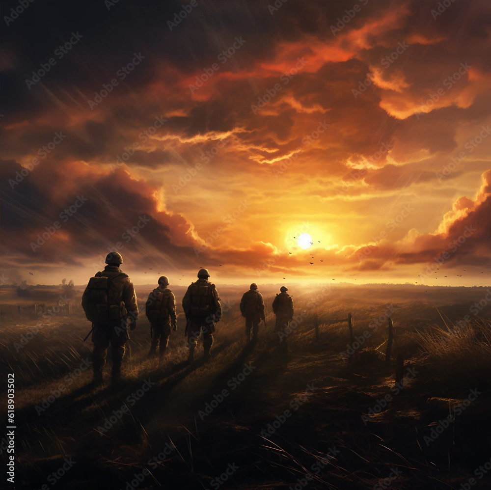 A Painting of a Group of Soldiers on a Battlefield Walking Toward a Sunset Generative AI