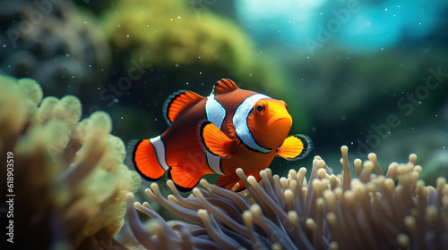 A Portrait of an Clownfish Amidst an Enchanting Coral Reef, Where the Colors of Nature Converge in a Sublime Symphony, Marine Beauty, Embraced by the Breathtaking Underwater Ecosystem generative AI.