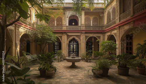 Elegant courtyard illuminated by lanterns at dusk generated by AI