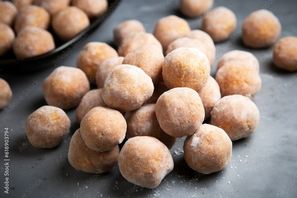 Fototapeta premium Raw vegan candies balls, dought cakes with seeds and nuts, pieces of raw dessert, diet, gluten free, vegetarian food, generative ai.