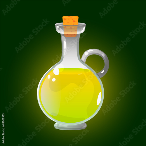 Olive oil bottle in cartoon style on green background, vector