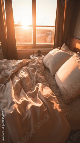 Illustration of a bedroom oasis bathed in the radiant glow of the golden hour sunset, with a warm, relax, comofortable ambience mood generative AI.
