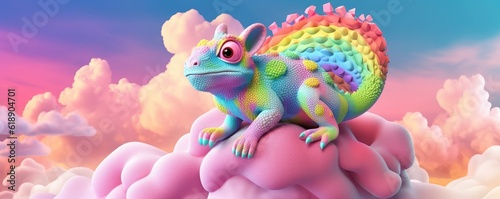 Camouflaged chameleon sitting on 3D clouds  pastel colors  panorama. Generative Ai.