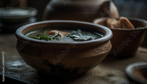 Healthy homemade vegetarian soup cooked in earthenware generated by AI