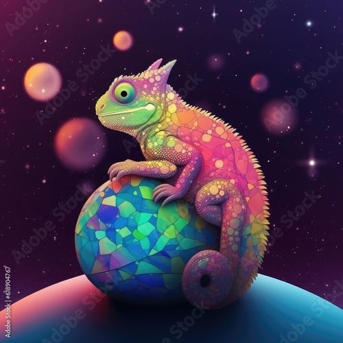 Camouflaged chameleon sitting on universe,night blurred background. Generative Ai.