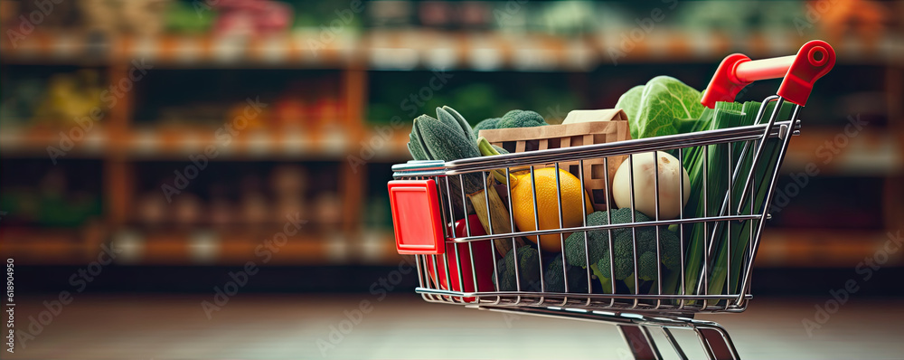 Shopping cart full of vegetables in the store. Generative AI