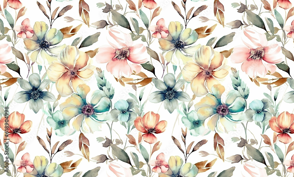 Seamless watercolor floral pattern. Generative AI.