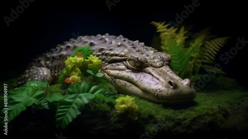 Little crocodile in the wild, unique macro photography of a reptile in a photo studio. Created in ai. © Ренат Хисматулин