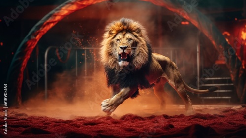 Enraged and brutalized lion in the circus. A huge circus lion rushes. Created in ai.