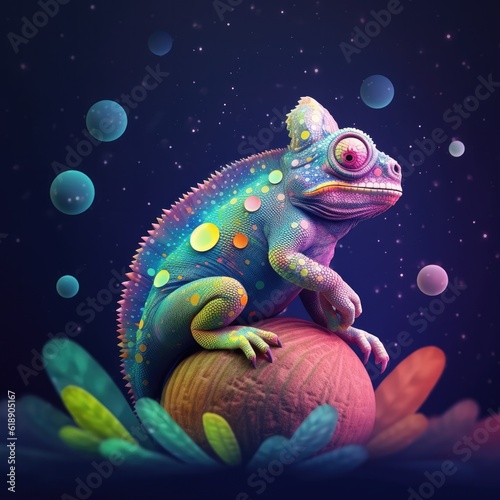 Camouflaged chameleon sitting on universe,night blurred background. Generative Ai.