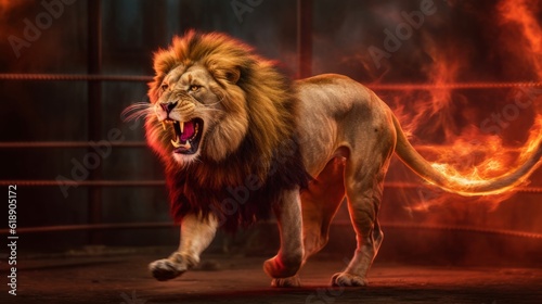 A lion burning alive jumping through the fiery ring of death. Circus number with the king of animals. Created in ai.