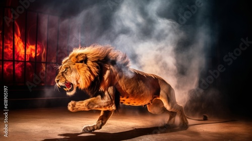 Enraged and brutalized lion in the circus. A huge circus lion rushes. Created in ai. photo