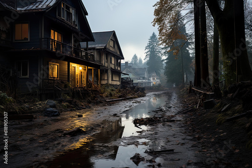 A street with a puddle of water in front of a house. Generative AI. River flooding local village, desolation scene.