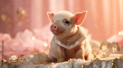 Little newborn pink pig in a beautiful outfit in a photo studio. Decorative pig in flowers. Created in ai.