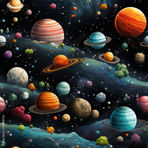 Space and planets seamless repeat pattern
