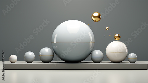 Modern 3d abstract gray background with levitating spheres and golden balls. generative AI tools