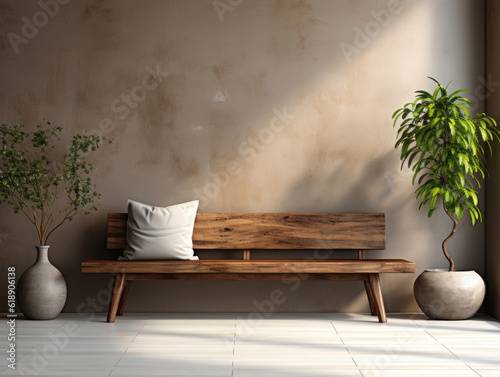 Bench With decor close up in home interior background, Mockups Design 3D, High-quality Mockups, Generative Ai © ACE STEEL D