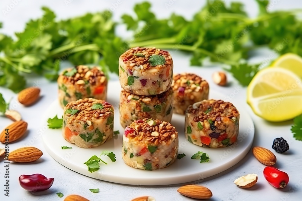 Raw vegan vegetables cakes with fruit and seeds, pieces of raw dessert, diet, gluten free, vegetarian food, generative ai. Raw vegan vegetables cakes with fruit and seeds, pieces of raw dessert, diet, gluten free, vegetarian food, generative ai.