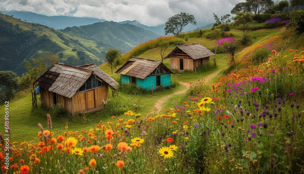 Rustic hut on meadow, surrounded by mountains generated by AI Rustic hut on meadow, surrounded by mountains generated by AI