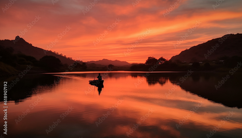 Silhouette of two men kayaking at sunset generated by AI