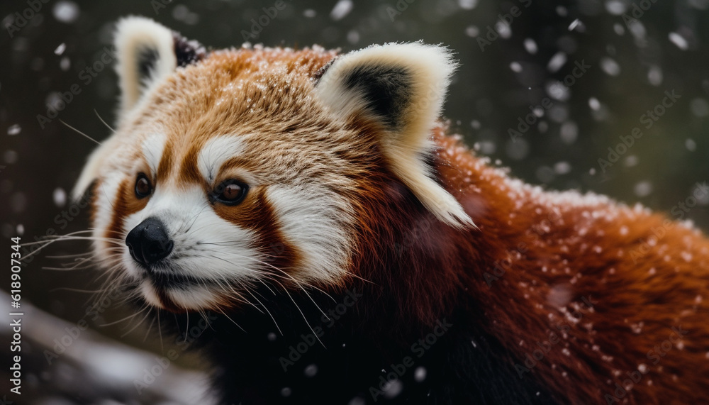 Obraz premium Fluffy red panda sitting on snowy branch generated by AI