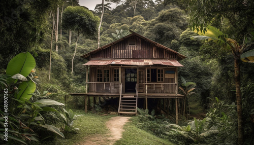 Tropical bungalow nestled in lush rainforest landscape generated by AI