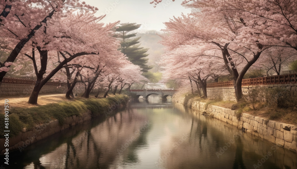 Cherry blossom tree reflects in tranquil water generated by AI Cherry blossom tree reflects in tranquil water generated by AI